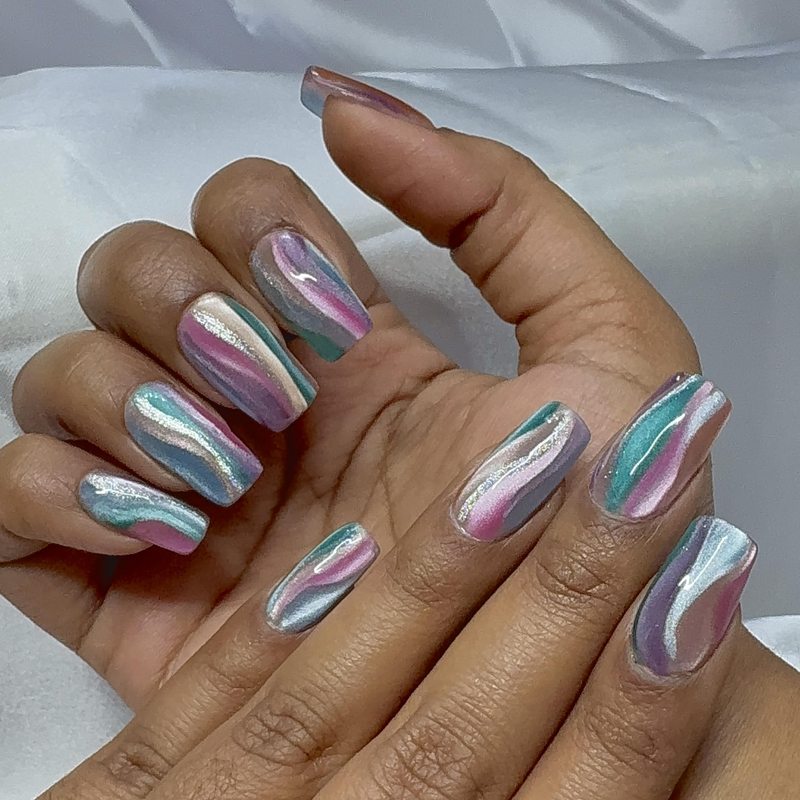Holographic chrome nails by Nails by Charan